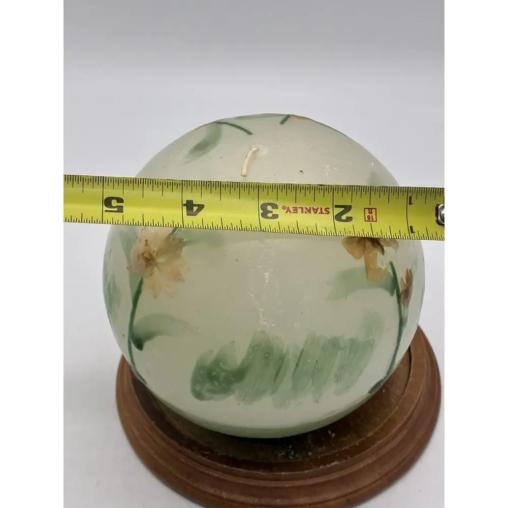 Vintage Handmade Sphere Candle Pressed Flowers Wood Base 5” Boho Decor